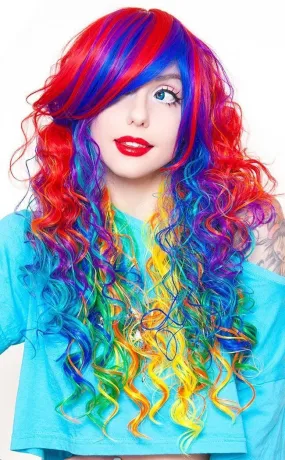 Bright Rainbow Rock Long Curly Wig