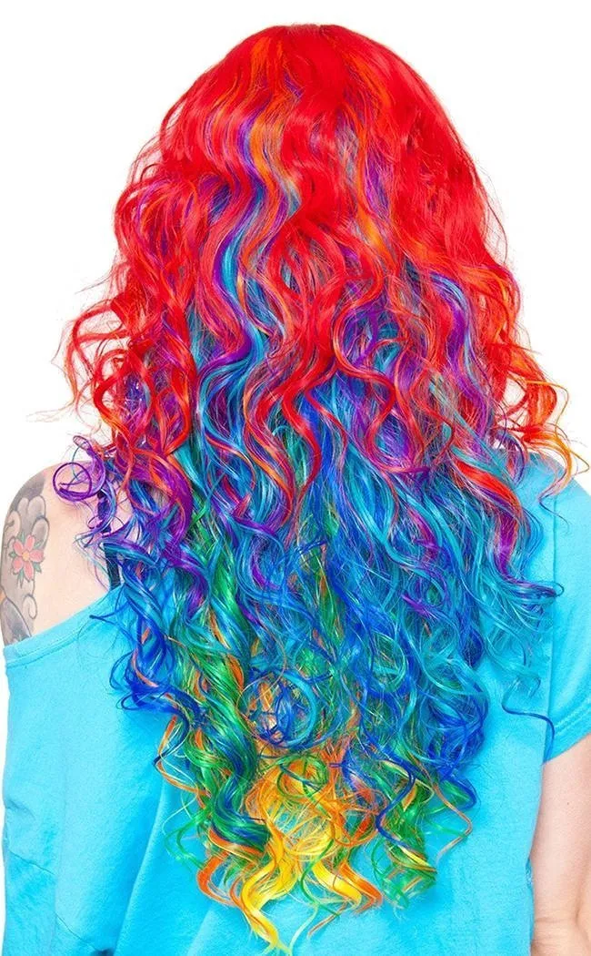 Bright Rainbow Rock Long Curly Wig