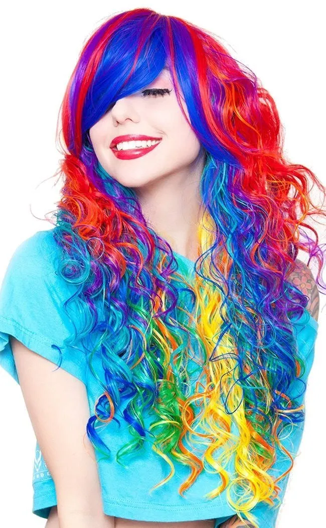 Bright Rainbow Rock Long Curly Wig