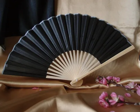 BULK PACK (50) 9" Black Silk Hand Fans for Weddings