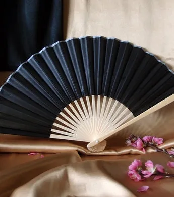 BULK PACK (50) 9" Black Silk Hand Fans for Weddings