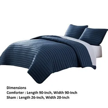 Cabe 3 Piece Queen Comforter Set, Polyester Puffer Channel Quilt, Navy Blue By Casagear Home