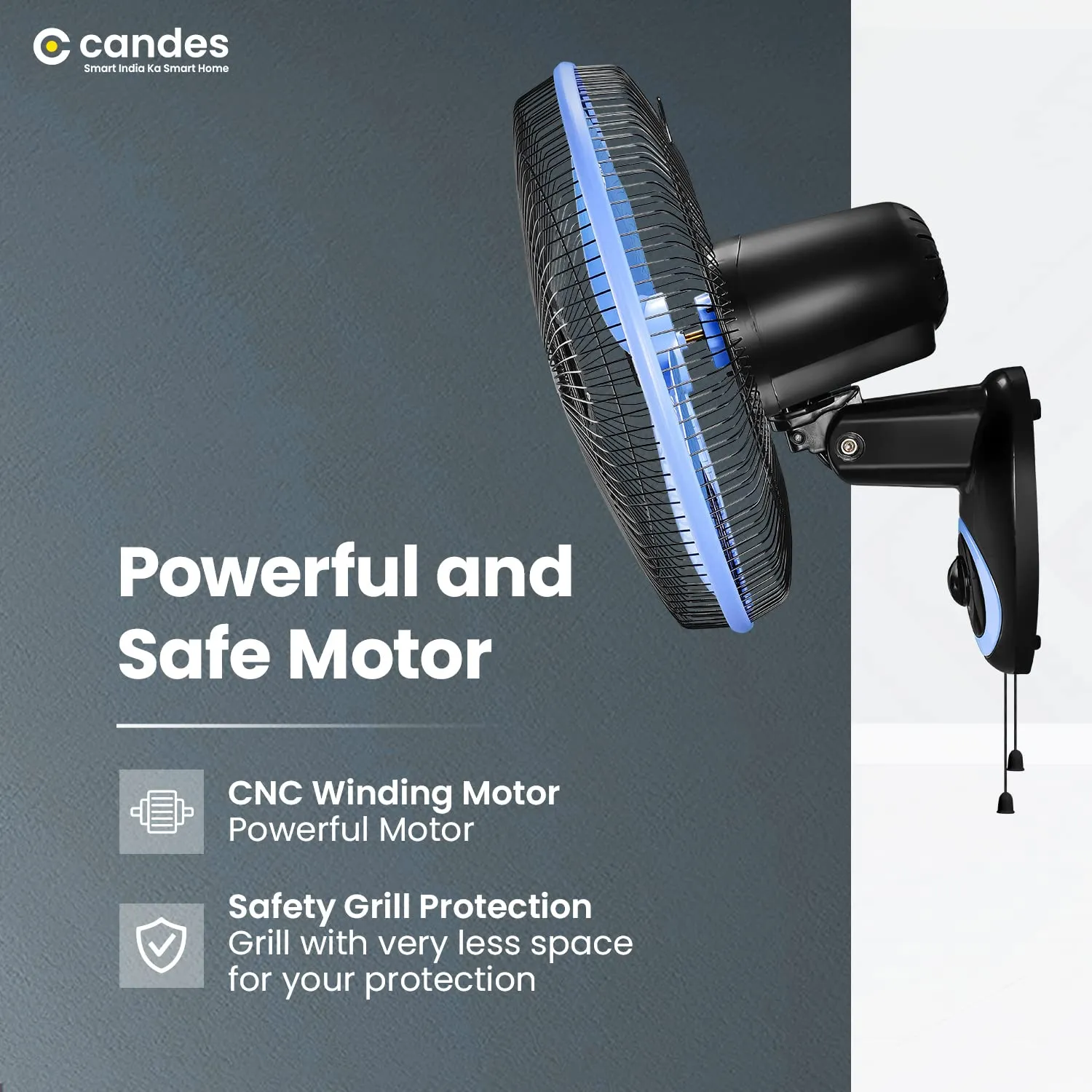 Candes Aura (400mm) High Speed Oscillating Wall Fan 60 W (2 Years Warranty on Motor) (‎Black Blue-2023)