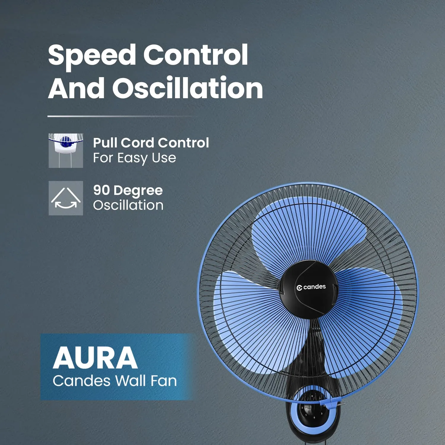 Candes Aura (400mm) High Speed Oscillating Wall Fan 60 W (2 Years Warranty on Motor) (‎Black Blue-2023)