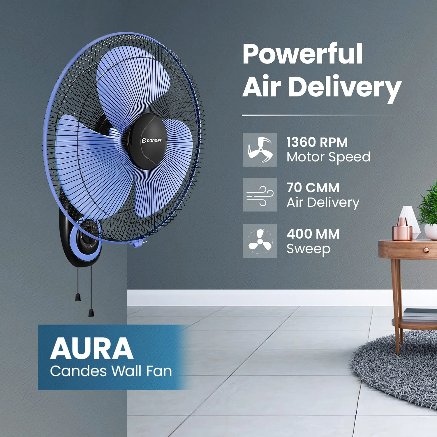 Candes Aura (400mm) High Speed Oscillating Wall Fan 60 W (2 Years Warranty on Motor) (‎Black Blue-2023)