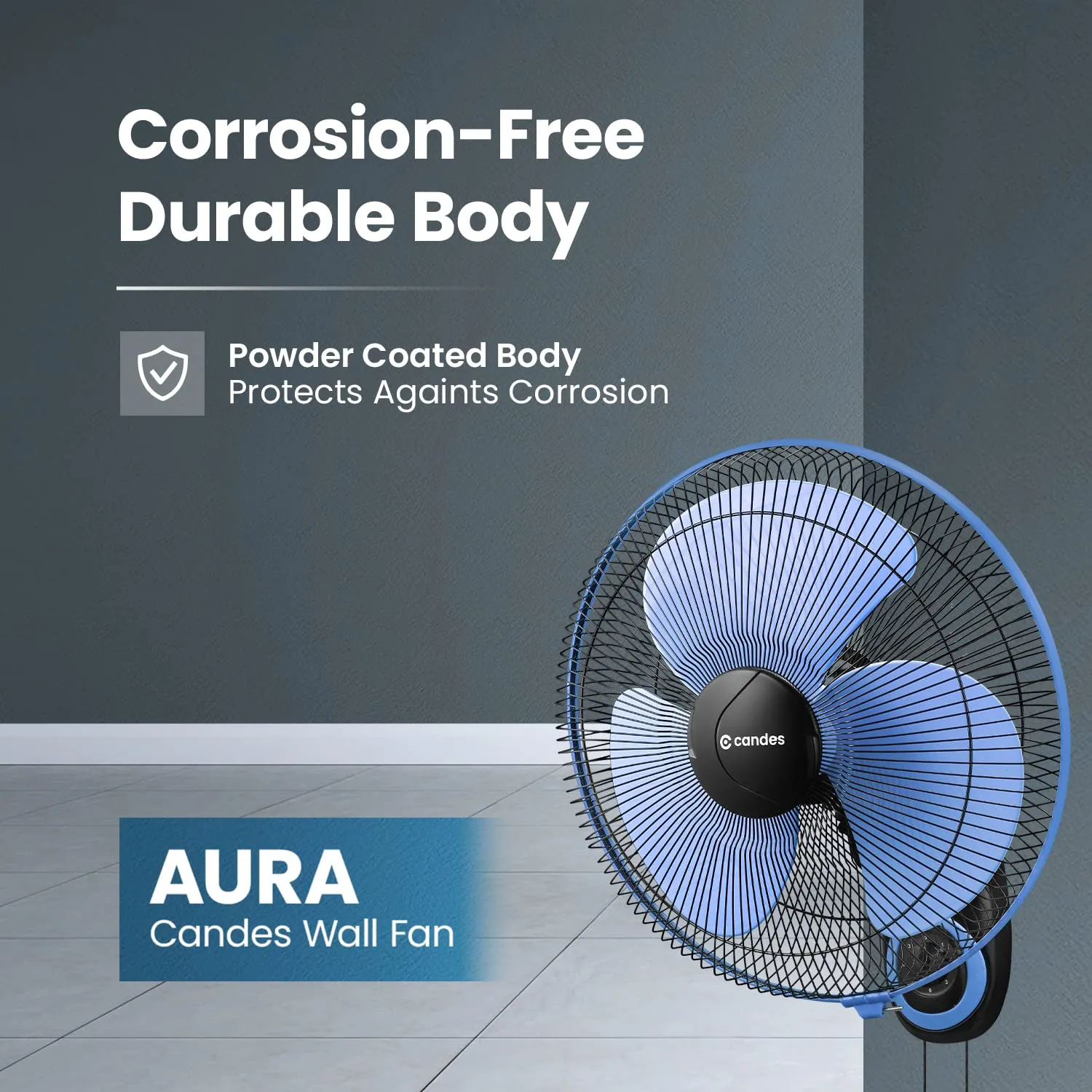 Candes Aura (400mm) High Speed Oscillating Wall Fan 60 W (2 Years Warranty on Motor) (‎Black Blue-2023)