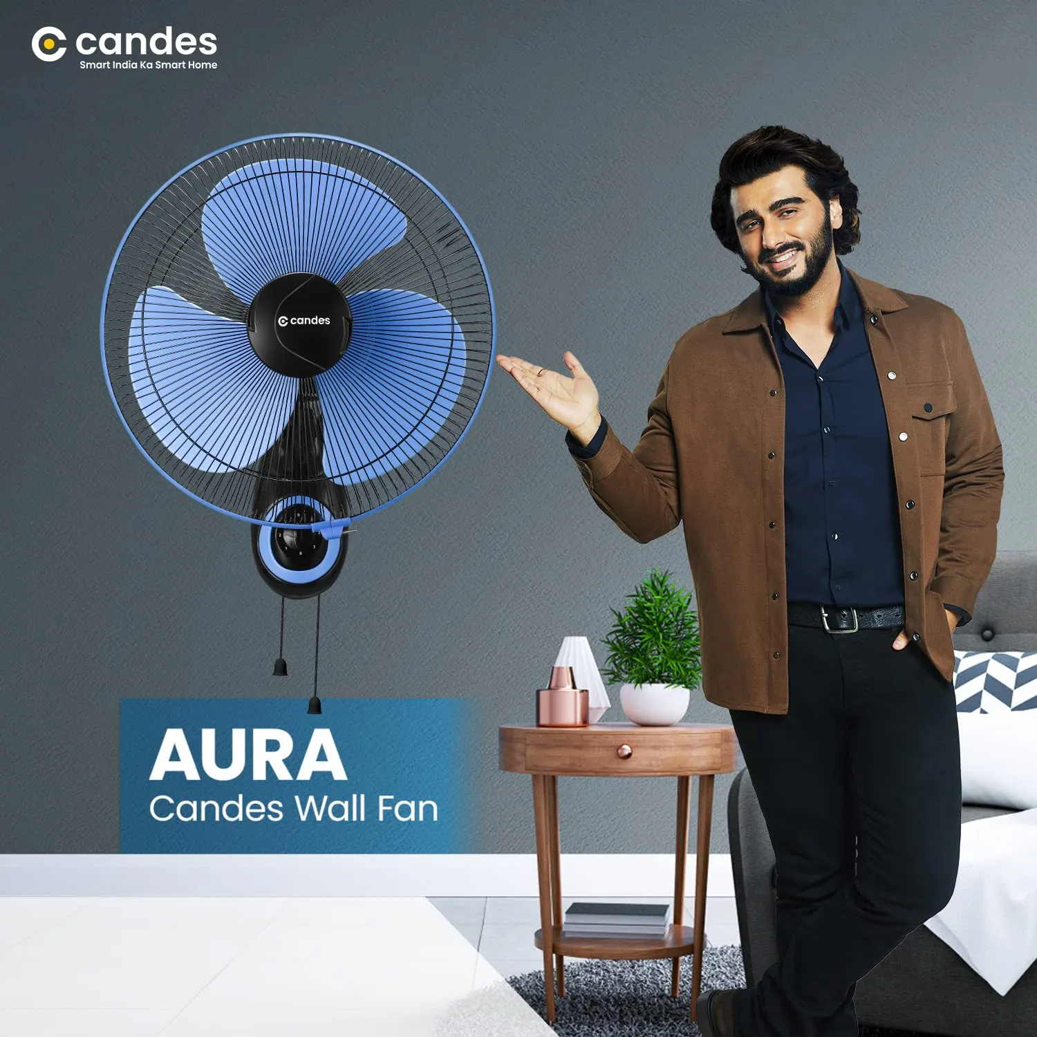 Candes Aura (400mm) High Speed Oscillating Wall Fan 60 W (2 Years Warranty on Motor) (‎Black Blue-2023)