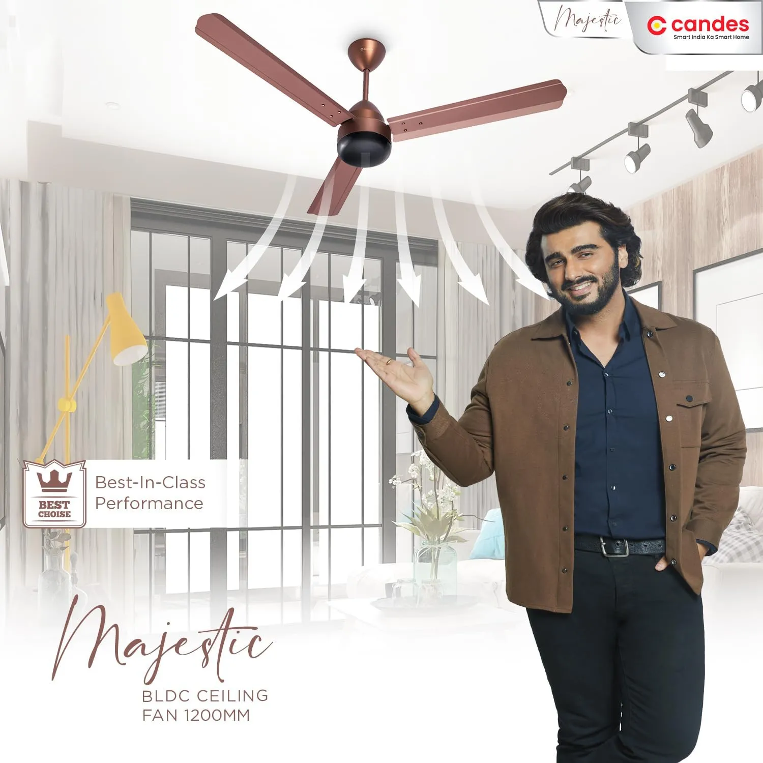 Candes Majestic BLDC LED Ceiling Fan 1200mm / 48 inch | BEE 5 Star Rated, Upto 65% Energy Saving, High Air Delivery & High Speed Ceiling Fans for Home | 2 1 Years Warranty (Rustic Brown)