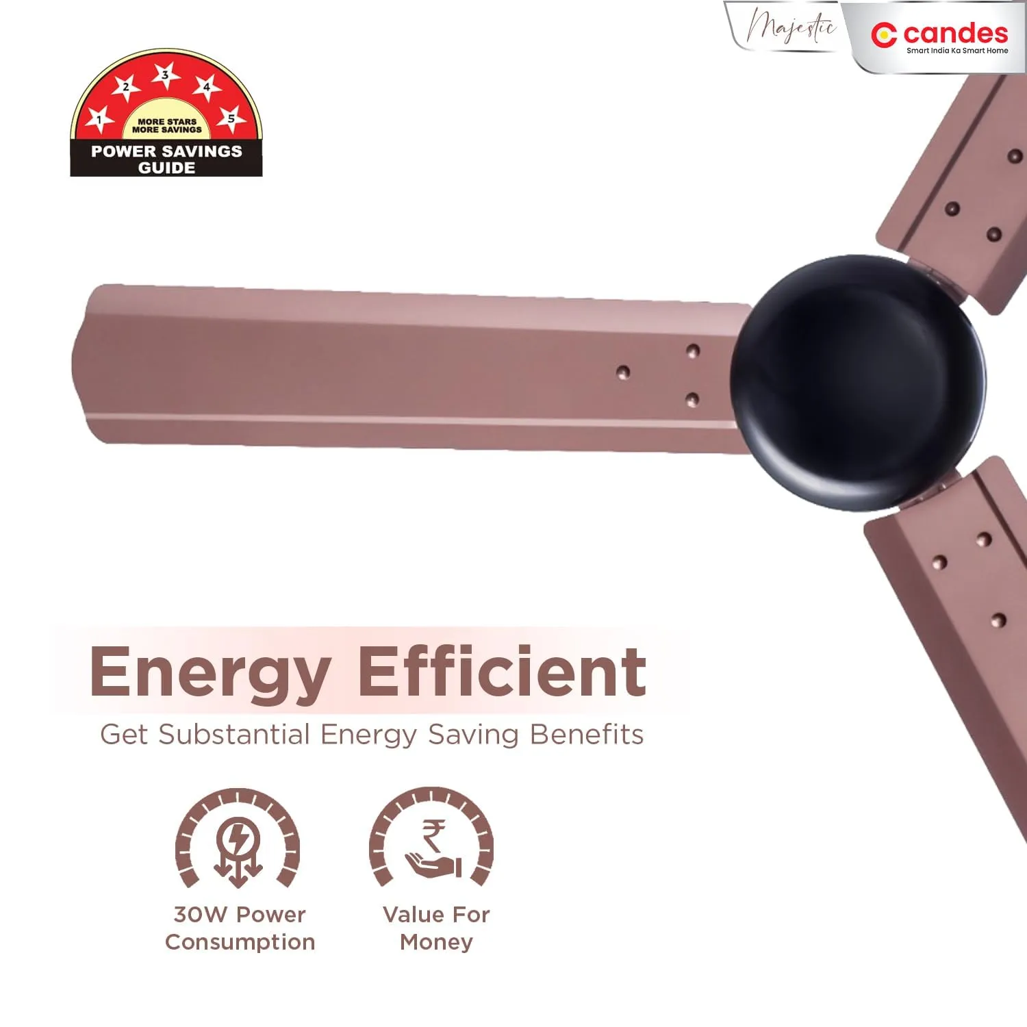 Candes Majestic BLDC LED Ceiling Fan 1200mm / 48 inch | BEE 5 Star Rated, Upto 65% Energy Saving, High Air Delivery & High Speed Ceiling Fans for Home | 2 1 Years Warranty (Rustic Brown)