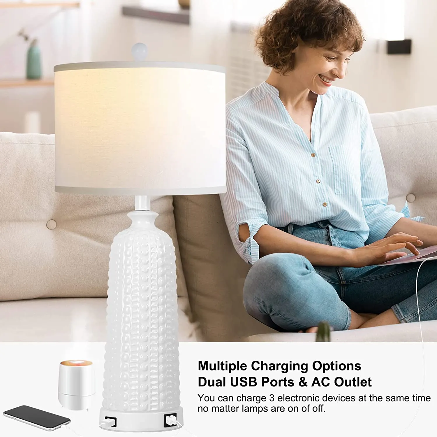 Ceramic Lamps for Living Room Set of 2, Touch T with Dual USB Ports