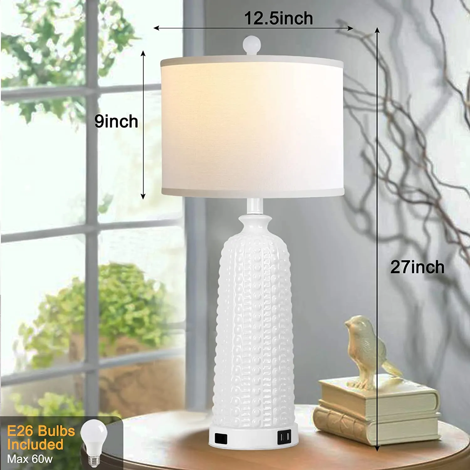 Ceramic Lamps for Living Room Set of 2, Touch T with Dual USB Ports