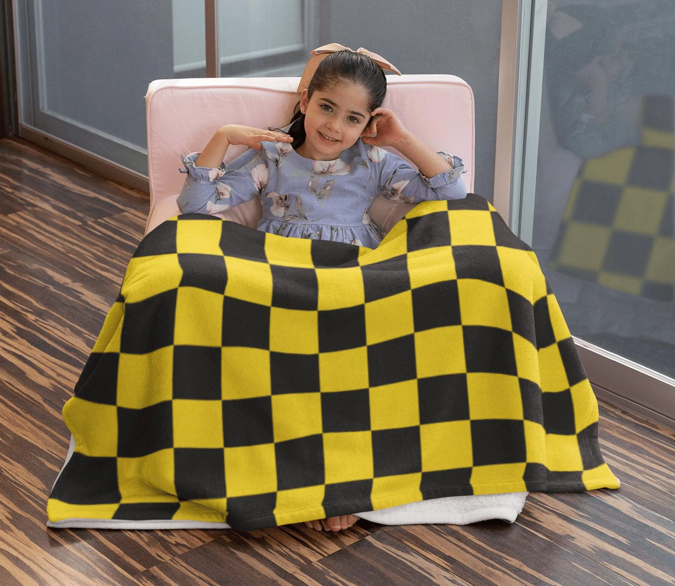 Chess Board Inspired Check Pattern Yellow Soft Fluffy Velvet Flannel Fleece Throw Blanket