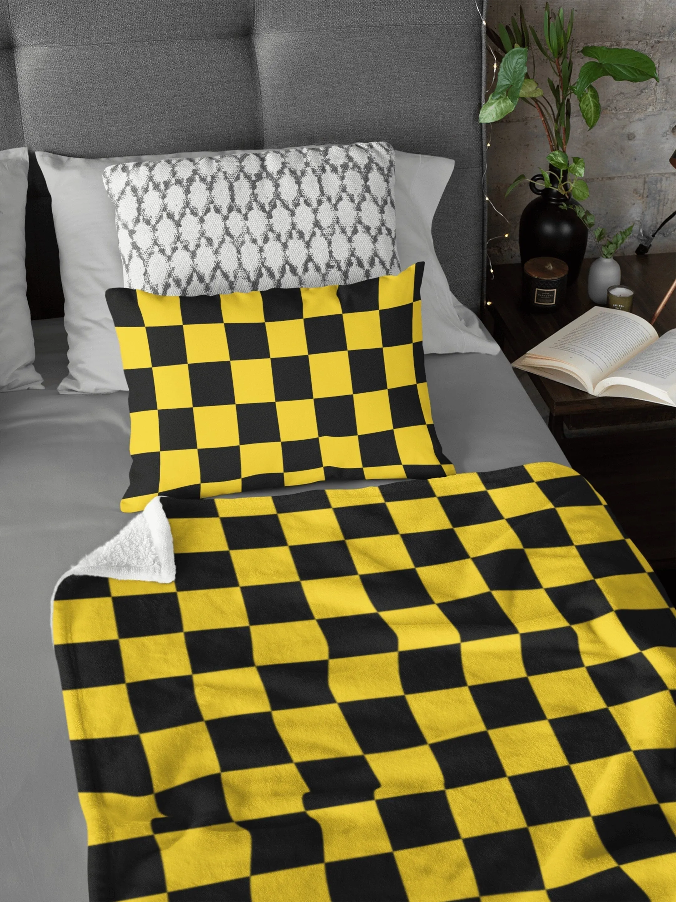 Chess Board Inspired Check Pattern Yellow Soft Fluffy Velvet Flannel Fleece Throw Blanket