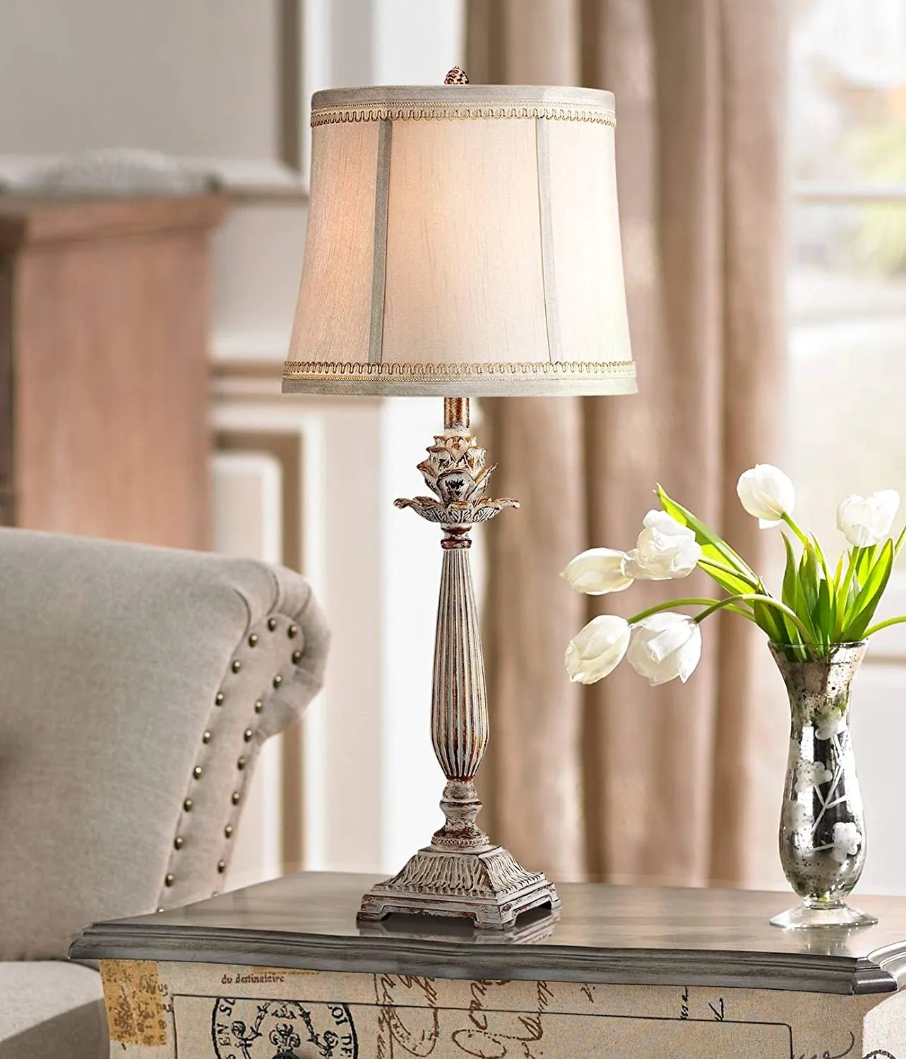 Chic French Country Table Lamps 28" Tall Set of 2 Antique