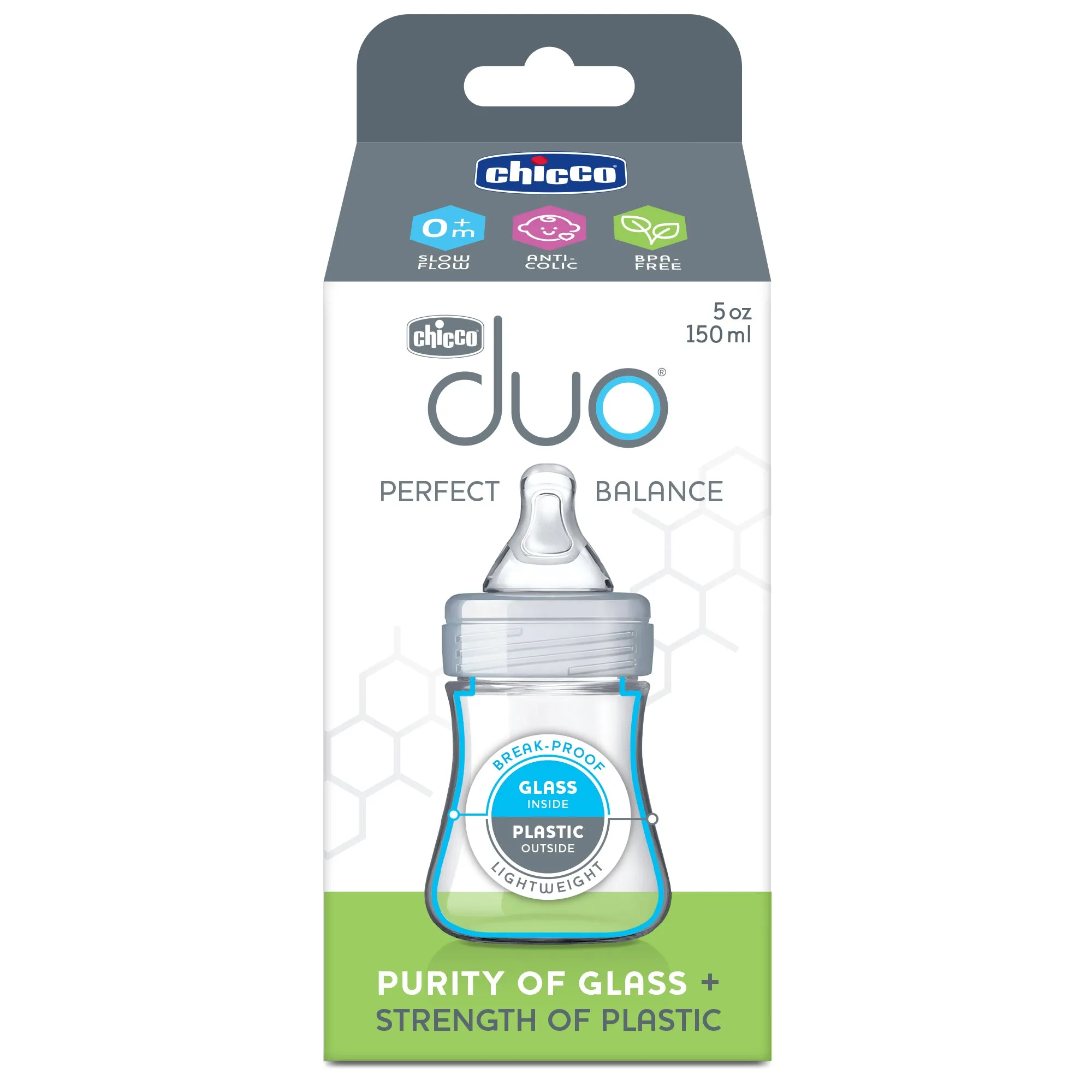 Chicco Duo 5oz. Hybrid Baby Bottle with Invinci-Glass Inside/Plastic Outside in Clear/Grey