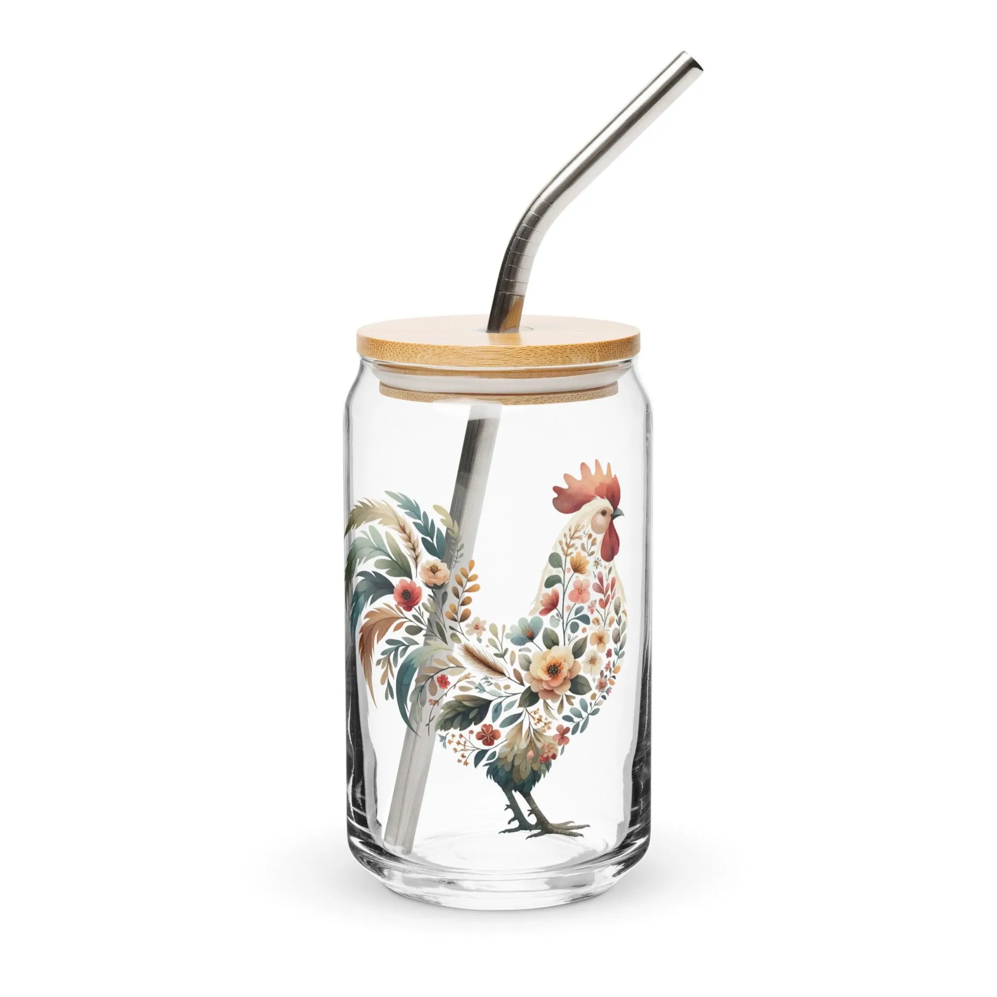 Chicken Glass Cup with Straw