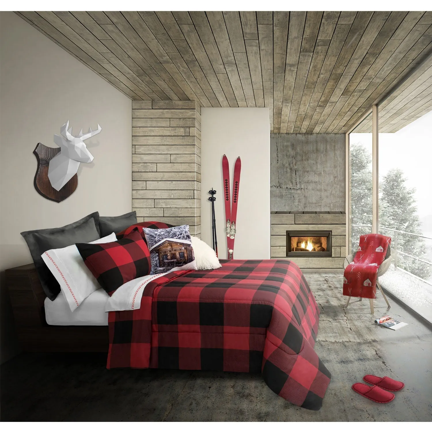 Comforter Bedding Set 3 Piece Reversible King Buffalo Plaid Red/Black -Cabin