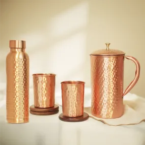 Copper Bottle with Jug & 2 Glasses | Hammered