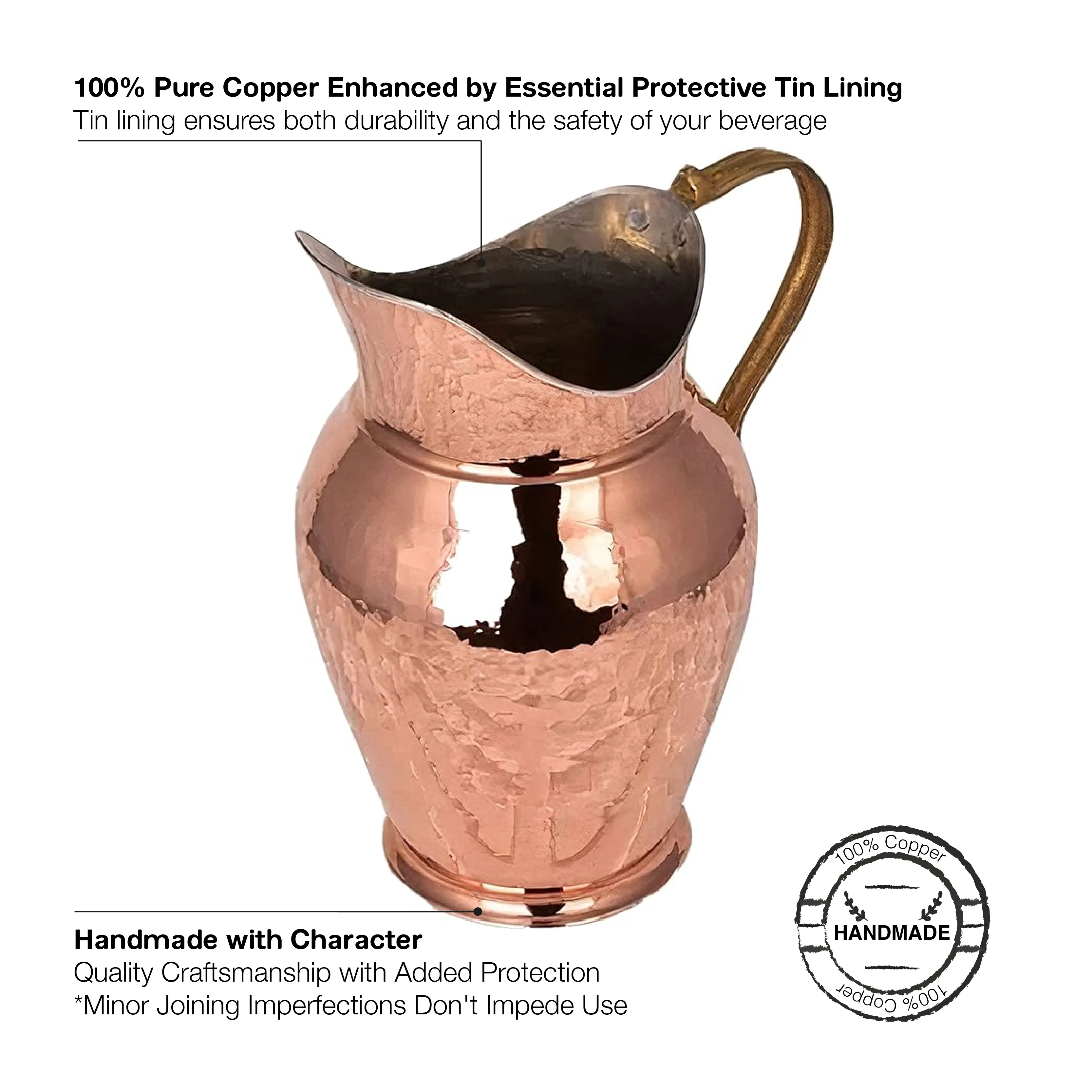 Copper Water Pitcher, Jug Vessel for Drinking Water, 47.5 oz