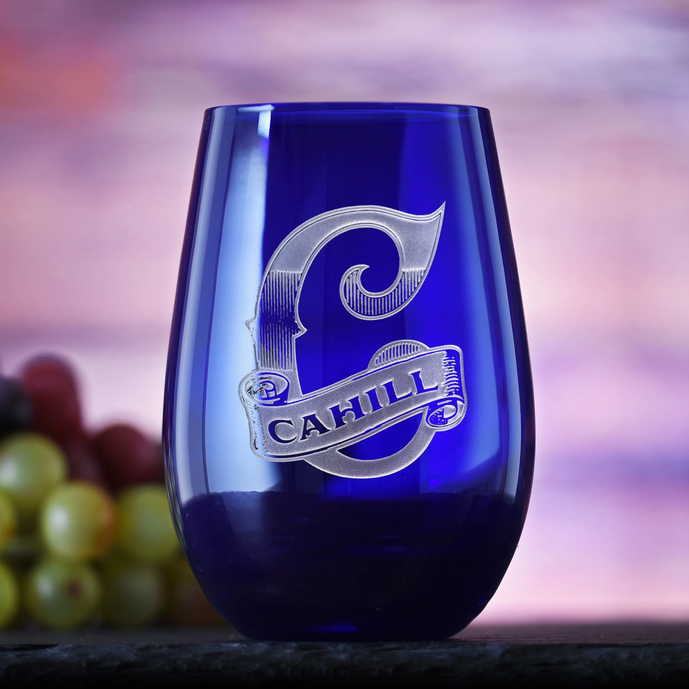 Custom Engraved Blue Stemless Wine Glass Tumbler by Crystal Imagery