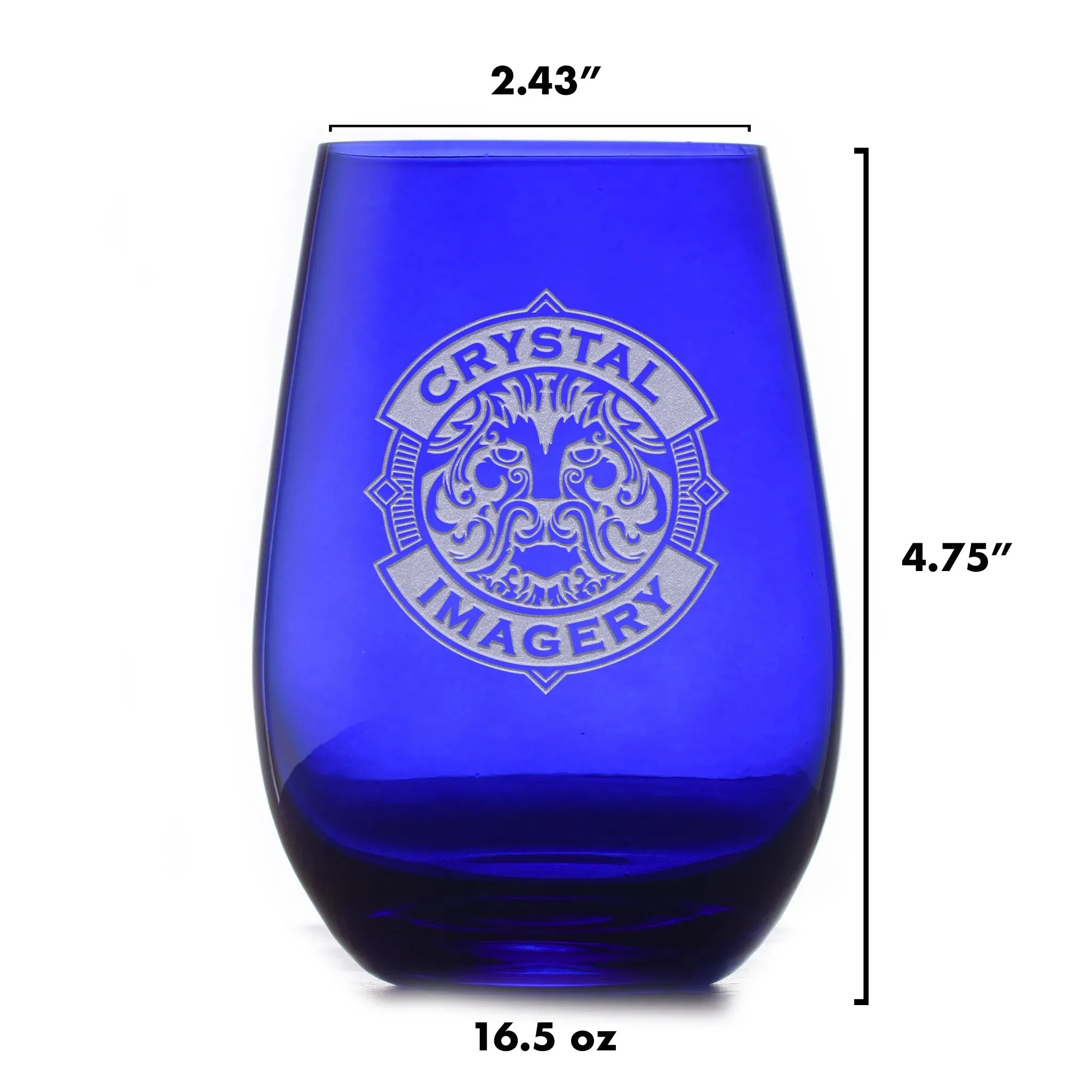 Custom Engraved Blue Stemless Wine Glass Tumbler by Crystal Imagery