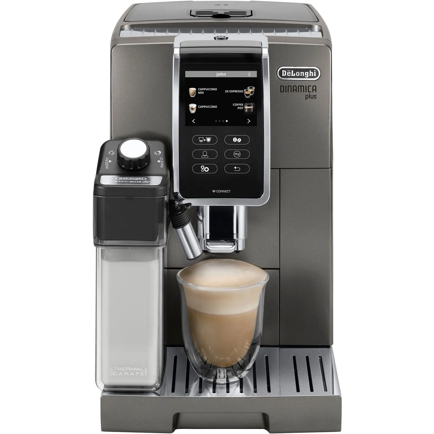 De'Longhi Dinamica Plus, Smart Coffee and Espresso Super Automatic Machine with Coffee Link Connectivity App and Automatic Milk Frother in Titanium (ECAM37095TI)