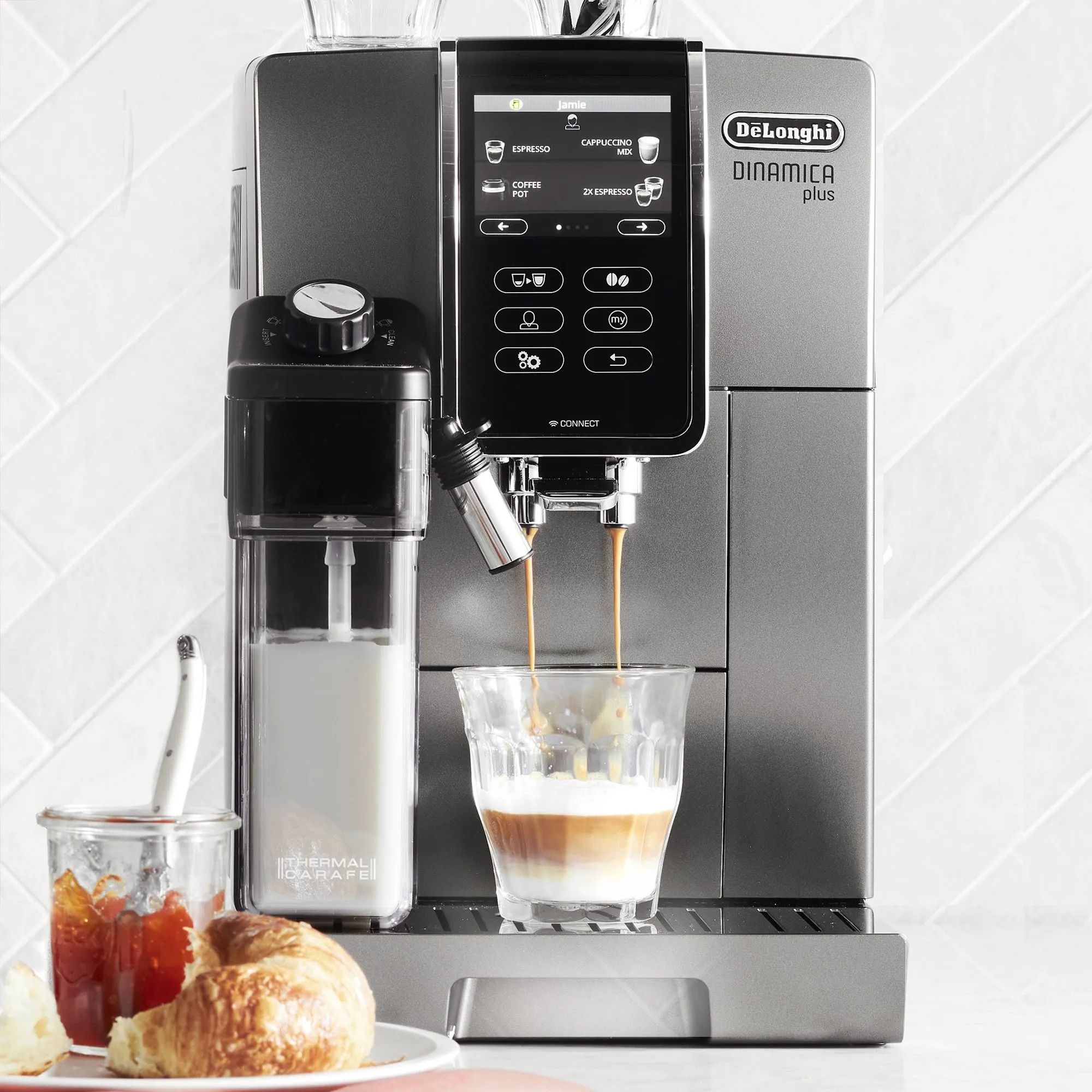 De'Longhi Dinamica Plus, Smart Coffee and Espresso Super Automatic Machine with Coffee Link Connectivity App and Automatic Milk Frother in Titanium (ECAM37095TI)