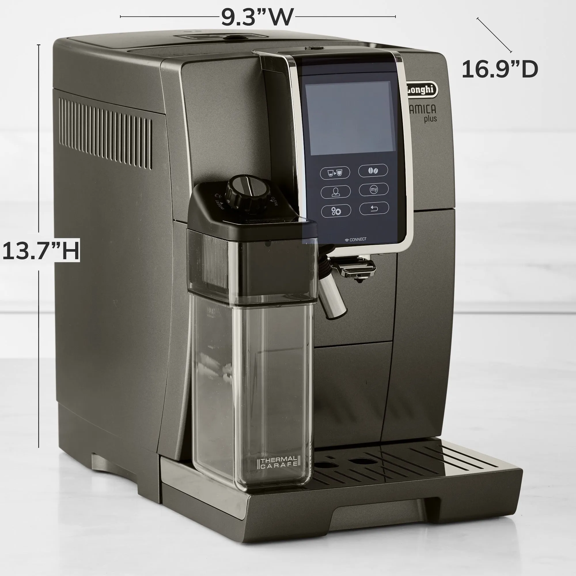 De'Longhi Dinamica Plus, Smart Coffee and Espresso Super Automatic Machine with Coffee Link Connectivity App and Automatic Milk Frother in Titanium (ECAM37095TI)