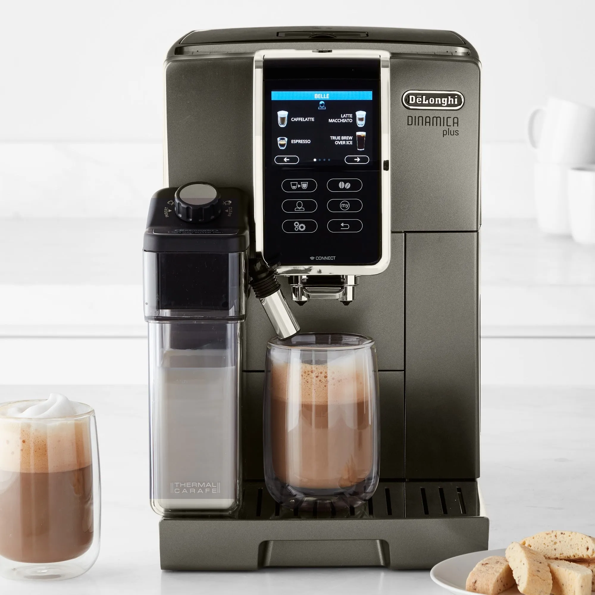 De'Longhi Dinamica Plus, Smart Coffee and Espresso Super Automatic Machine with Coffee Link Connectivity App and Automatic Milk Frother in Titanium (ECAM37095TI)