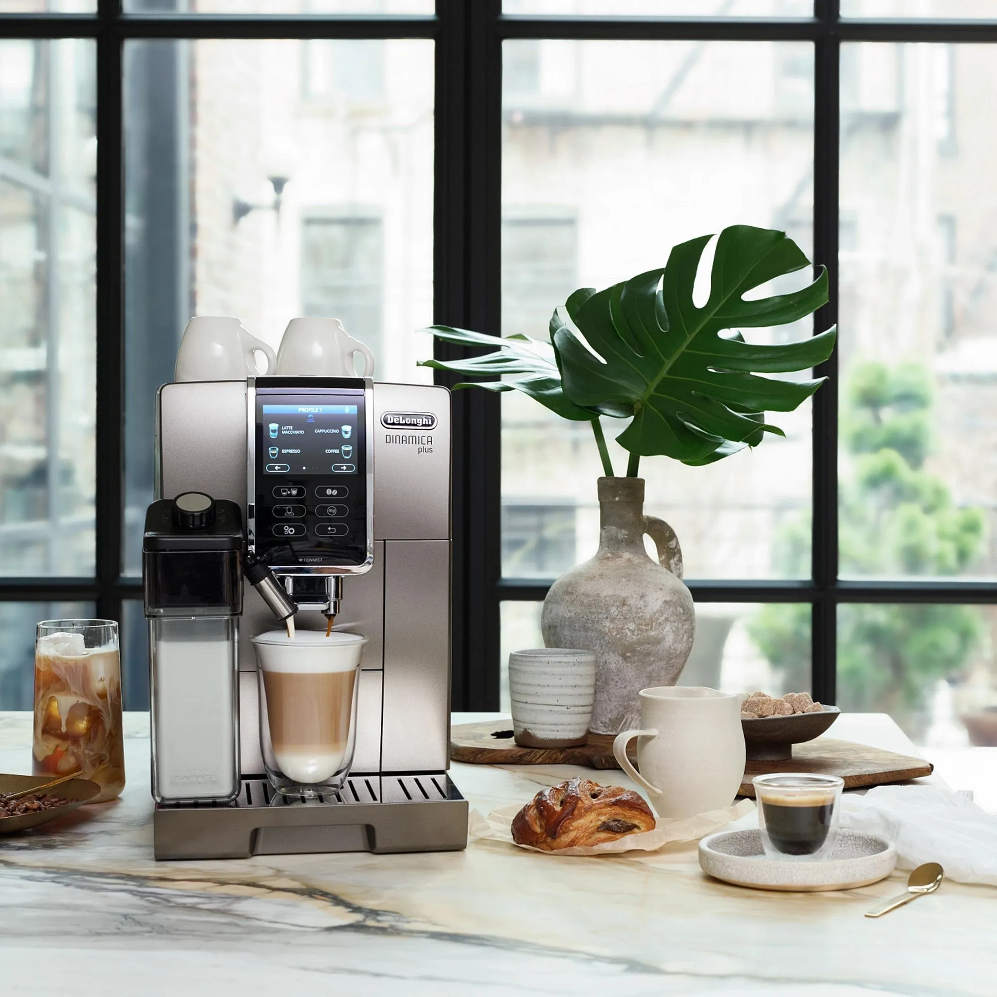 De'Longhi Dinamica Plus, Smart Coffee and Espresso Super Automatic Machine with Coffee Link Connectivity App and Automatic Milk Frother in Titanium (ECAM37095TI)