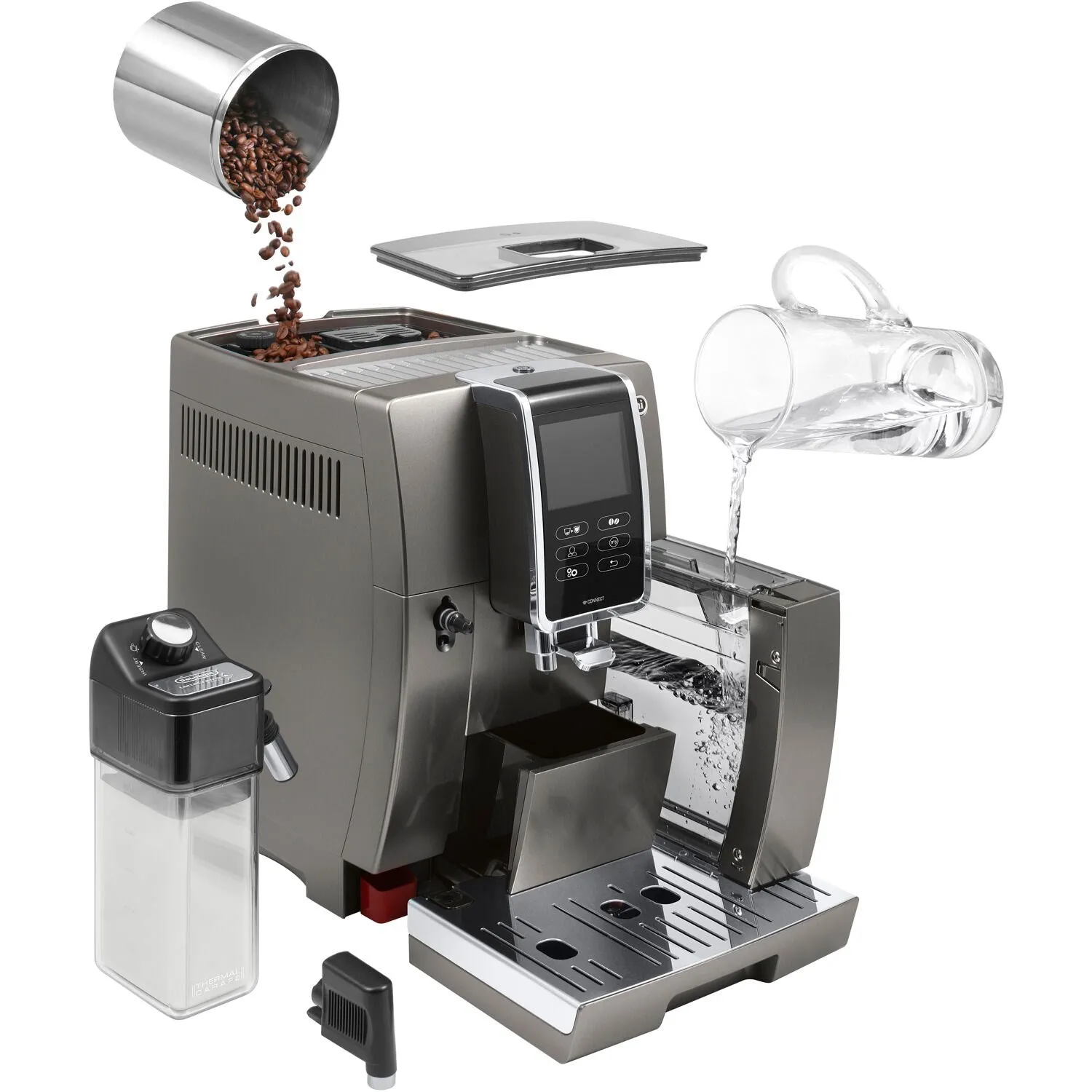 De'Longhi Dinamica Plus, Smart Coffee and Espresso Super Automatic Machine with Coffee Link Connectivity App and Automatic Milk Frother in Titanium (ECAM37095TI)