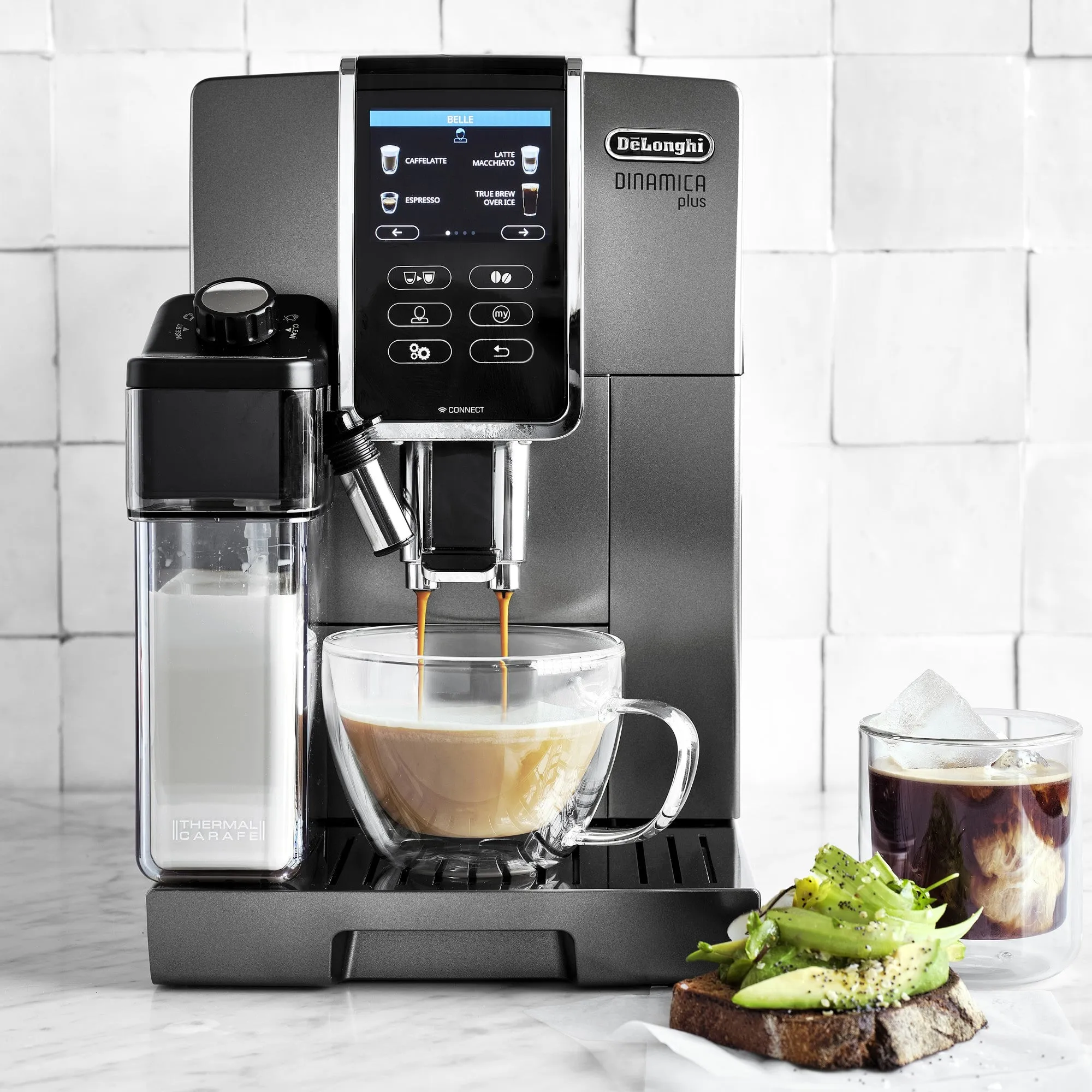 De'Longhi Dinamica Plus, Smart Coffee and Espresso Super Automatic Machine with Coffee Link Connectivity App and Automatic Milk Frother in Titanium (ECAM37095TI)