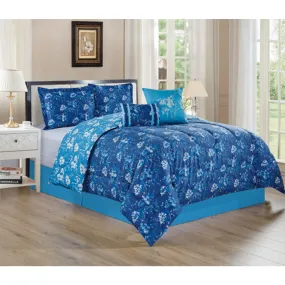 Elba Flower Printed 5-Piece Comforter Set, Blue, King