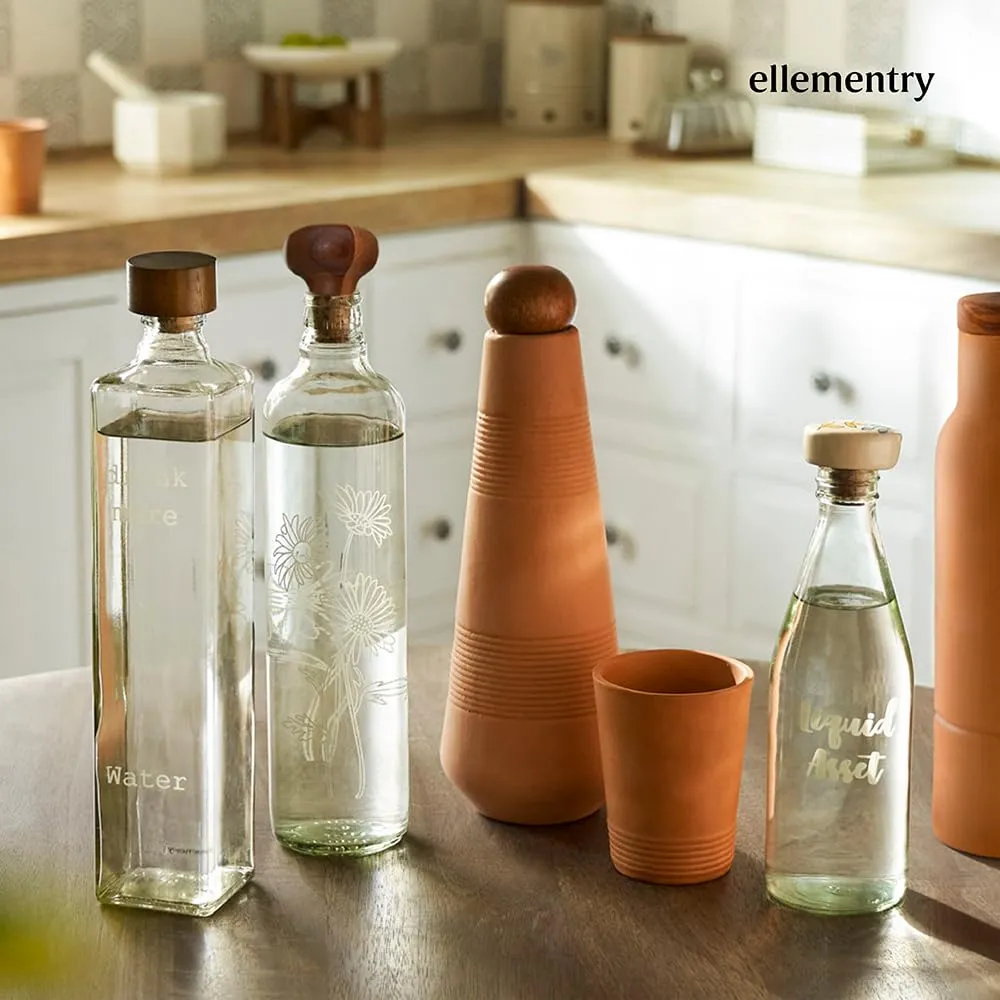 Ellementry Daisy Glass Bottle with Cork (750 ML)| Water and Milk Bottle for Fridge | Clear and Transparent Bottles for Home and Office | BPA Free | Stylish and Premium Wine Bottle- Set of 2