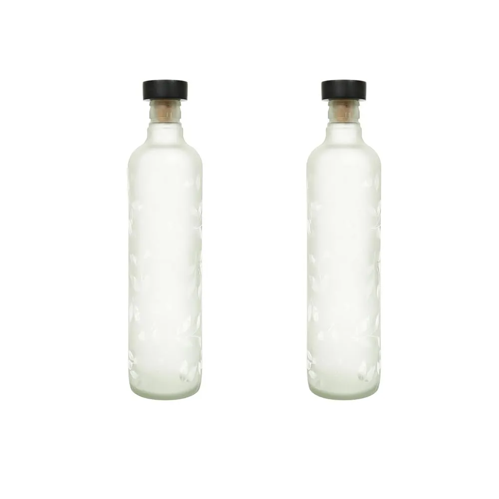 Ellementry Frosted Leaf Glass Bottle with Cork (750 ML)| Water and Milk Bottle for Fridge | Clear and Transparent Bottles for Home & Office | BPA Free | Stylish & Premium Wine Bottle- Set of 2