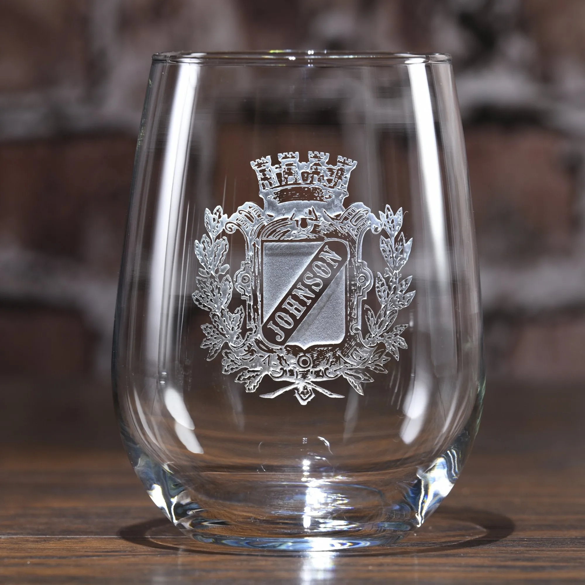 Family Crest Engraved Stemless Wine Glass Gift Set