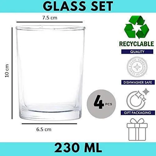 Femora Clear Glass Royal Glass Tumbler Water Glass,230 ML,Set of 4