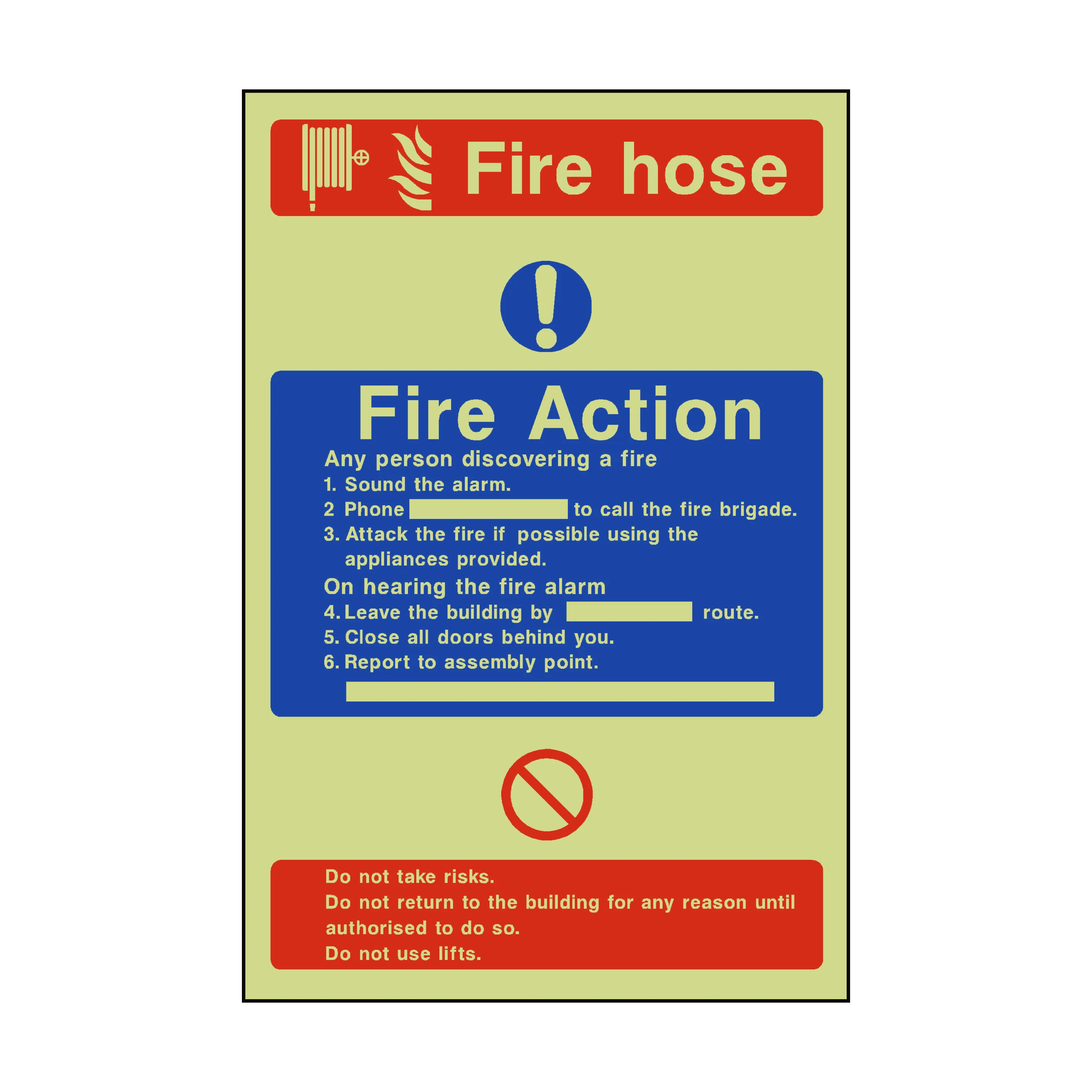 Fire Action Fire Hose Photoluminescent Sign