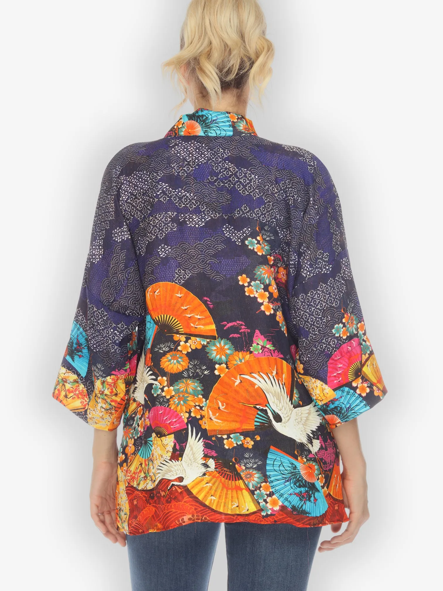 Flower Crane Silk Notch Collar Shirt