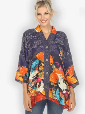 Flower Crane Silk Notch Collar Shirt