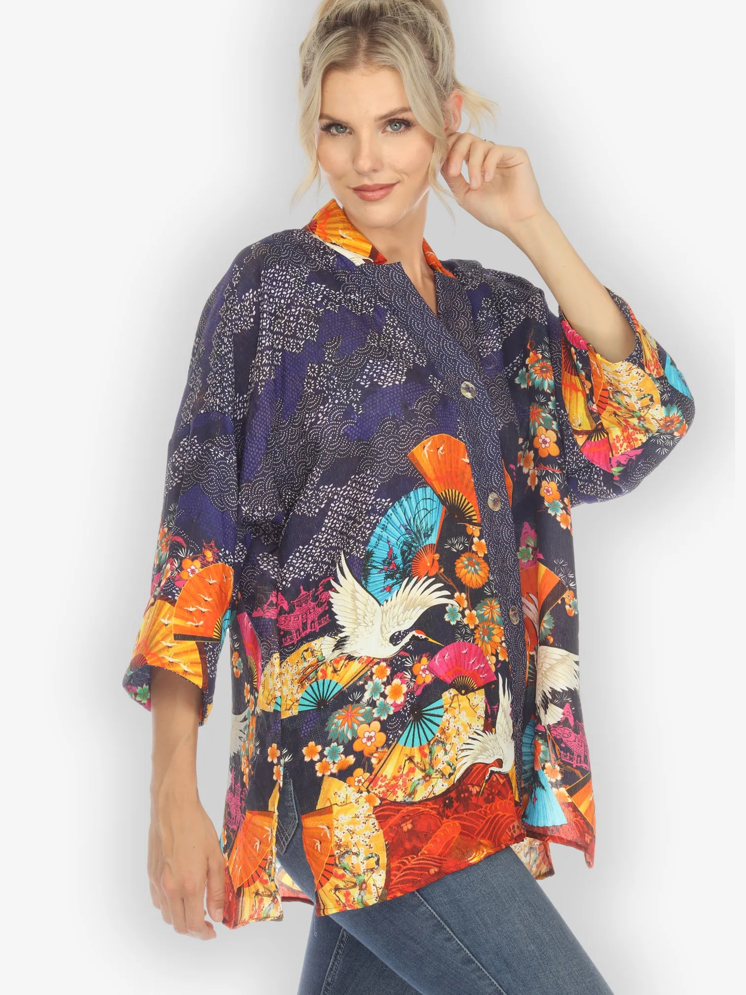 Flower Crane Silk Notch Collar Shirt