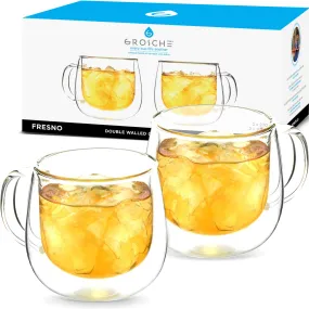 FRESNO Double Wall Glass Mugs, Set of 2 Glass Cups - 9.2oz / 270mL, Clear