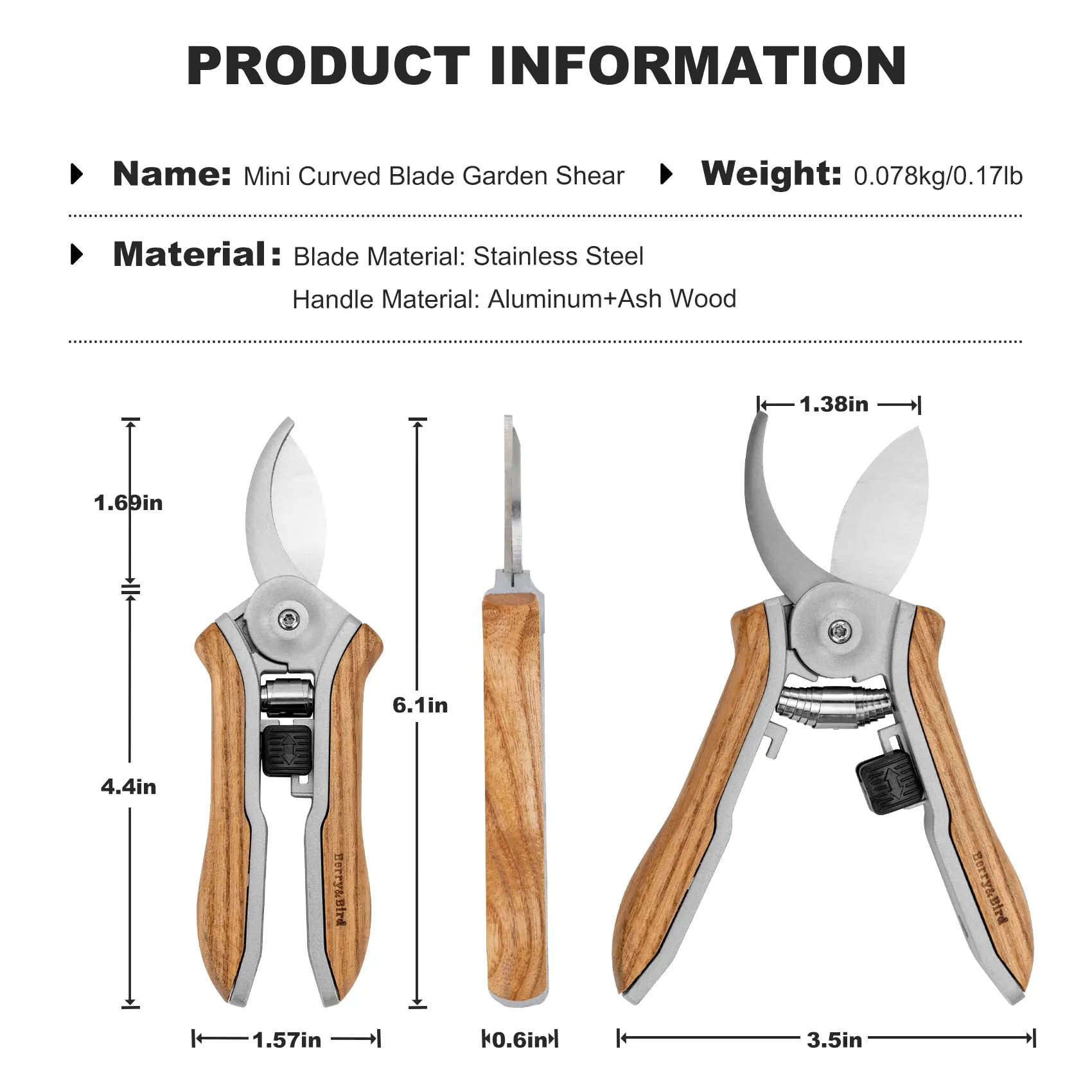 Garden Shears Mini Pruning Shears 6.1 inch Stainless Steel Curved Blades Pruning Scissors with Wooden Handle