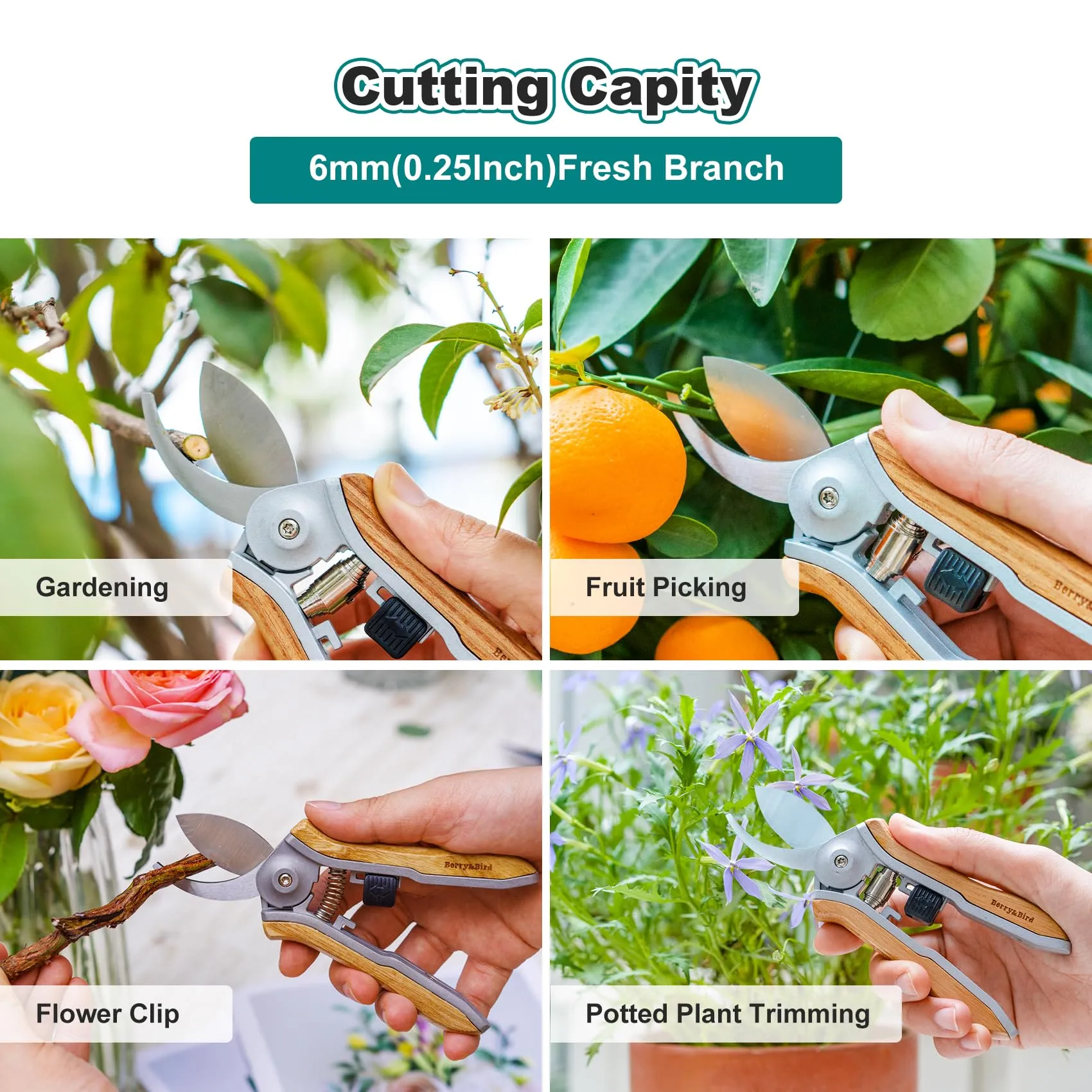 Garden Shears Mini Pruning Shears 6.1 inch Stainless Steel Curved Blades Pruning Scissors with Wooden Handle