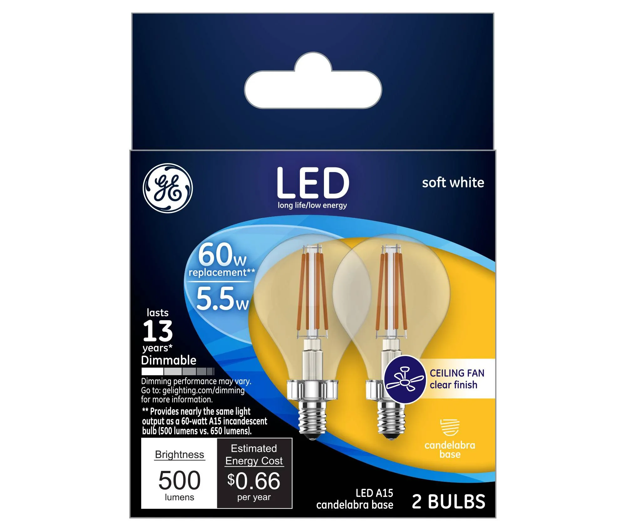 GE 24309 Candelabra Base Clear A15 Ceiling Fan LED Bulb, Soft White, 5.5W, 2-Pk