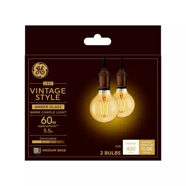 GE Vintage LED 60 Watt Replacement, Candlelight, G25 Deco - Globe Bulbs