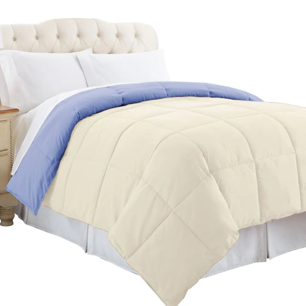 Genoa Queen Size Box Quilted Reversible Comforter By Casagear Home, Blue and Cream