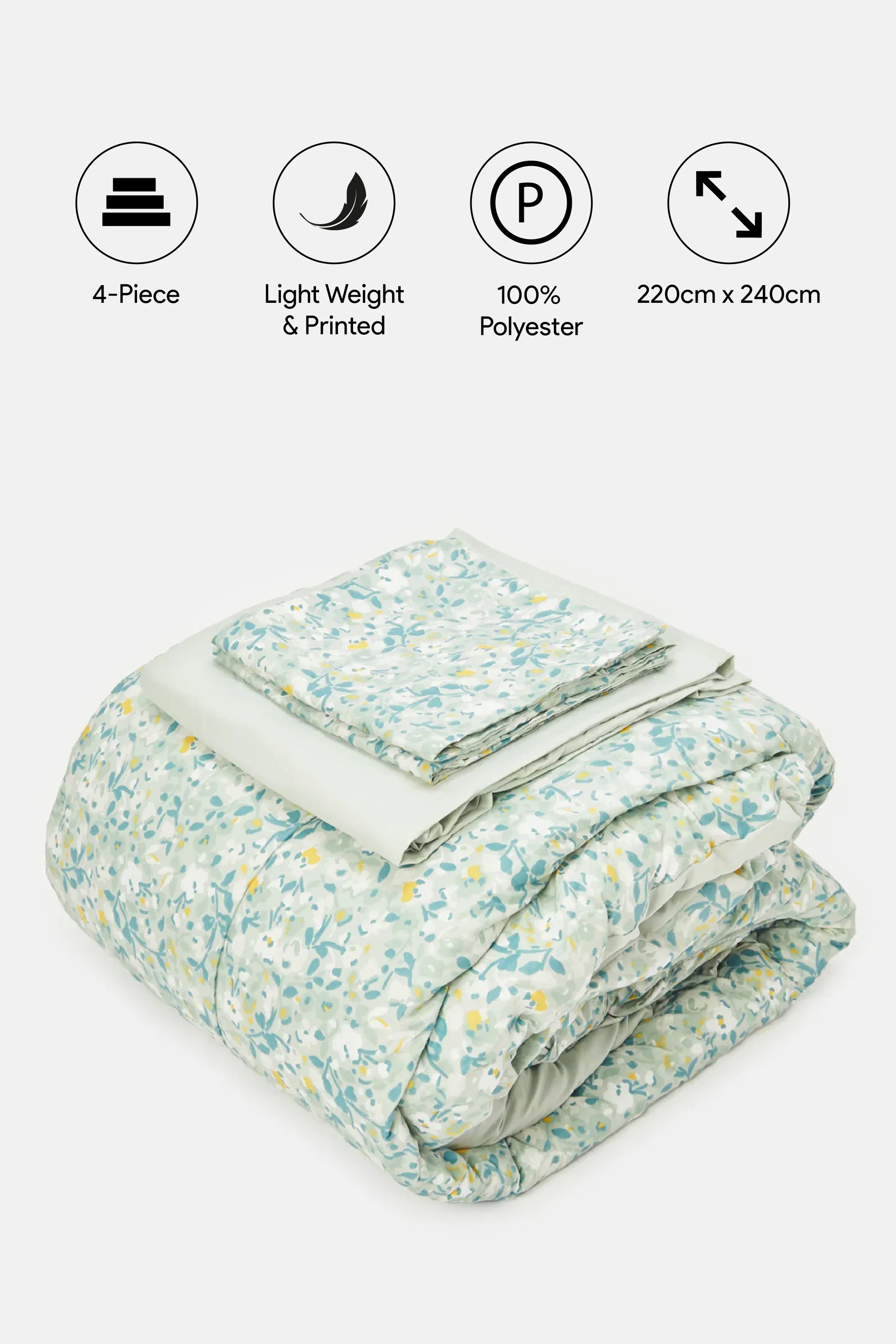 Green Floral Printed Comforter 4 Piece Set (Double Size)