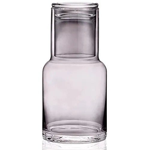 Grey Glass Bedside Water Carafe With Cup Lid Dispenser Decanter