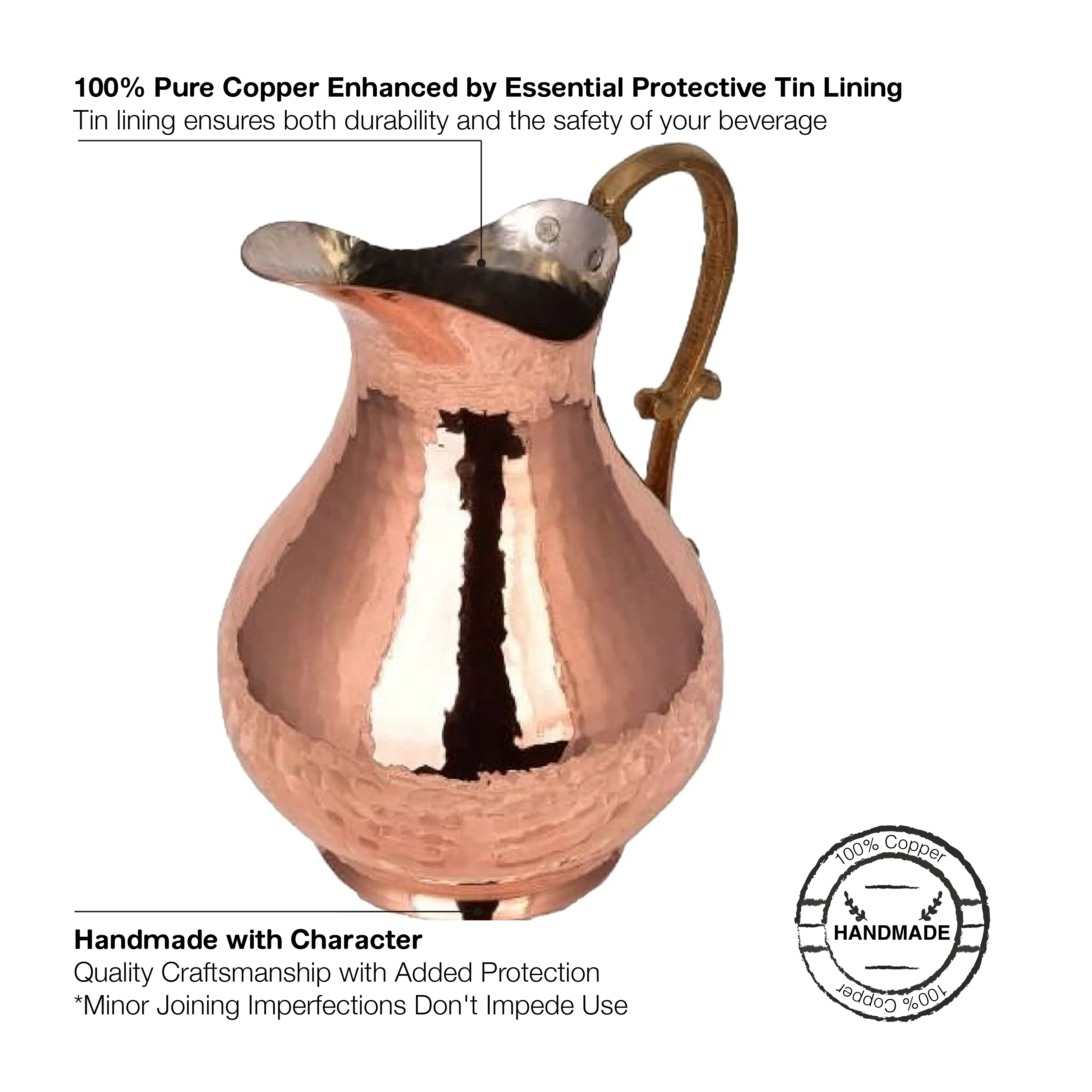 Handmade Copper Water Pitcher, Copper Drinking Vessels, 1 qt